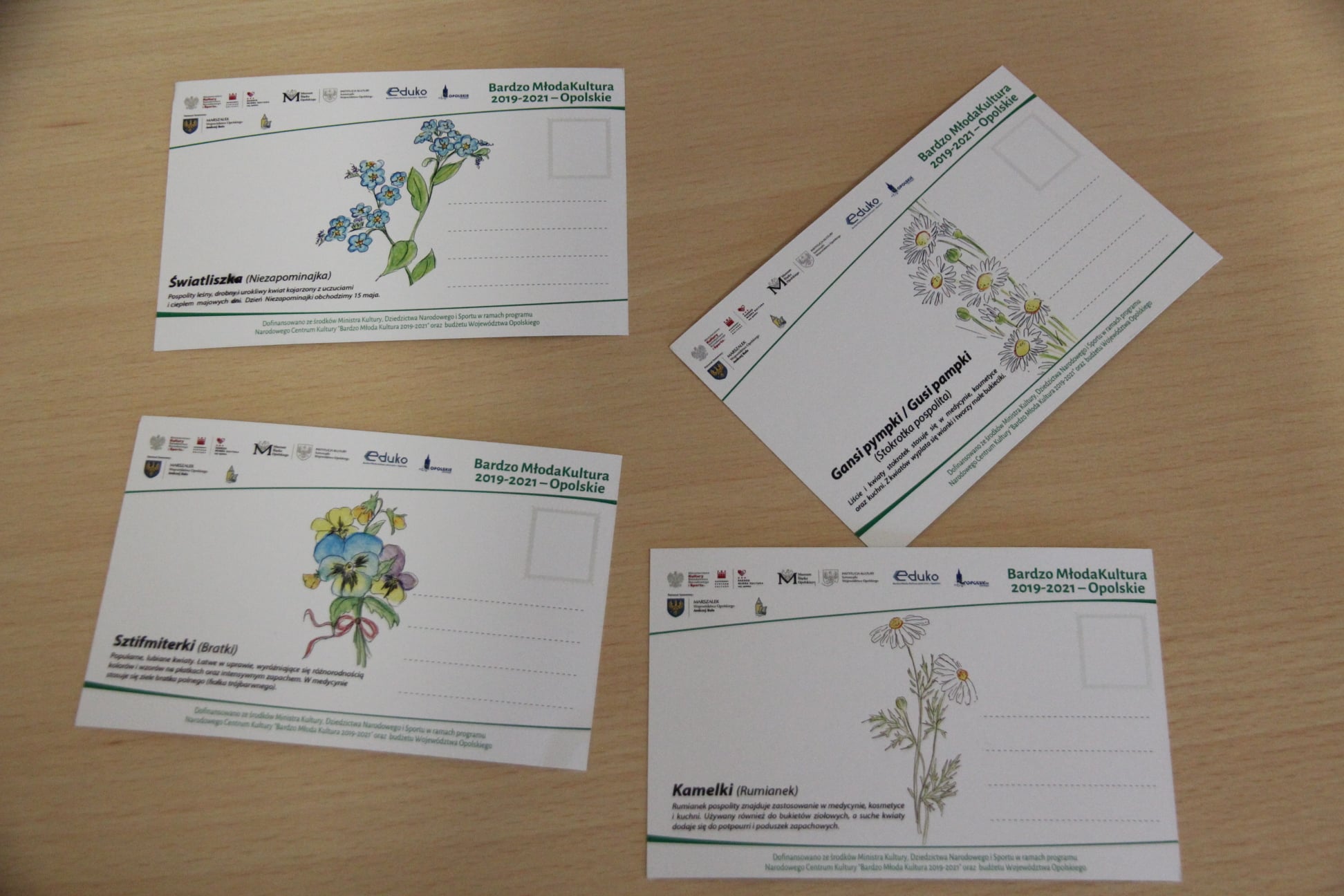 pocztówki przedstawiające atrakcje naszej gminy, z motywem regionalnych ziół i kwiatów oraz z ich nazwami w gwarze śląskiej
